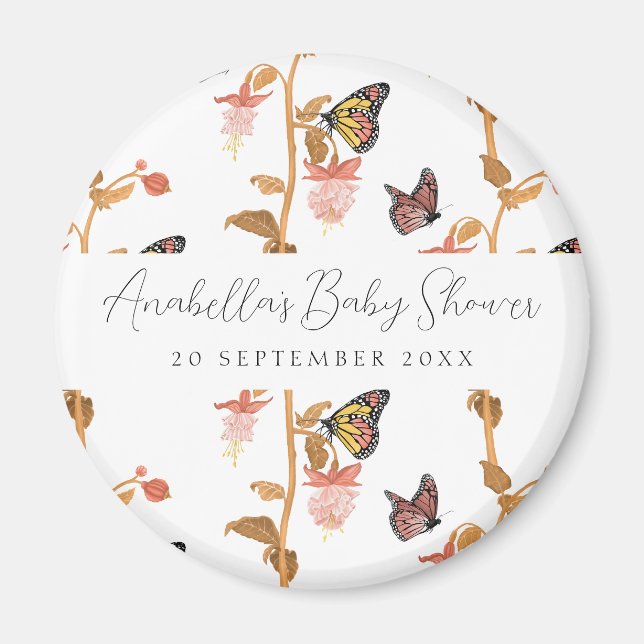 Modern Pink Boho Butterfly Girl Baby Shower Magnet (Front)