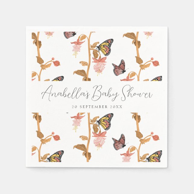 Modern Pink Boho Butterfly Girl Baby Shower Napkins (Front)