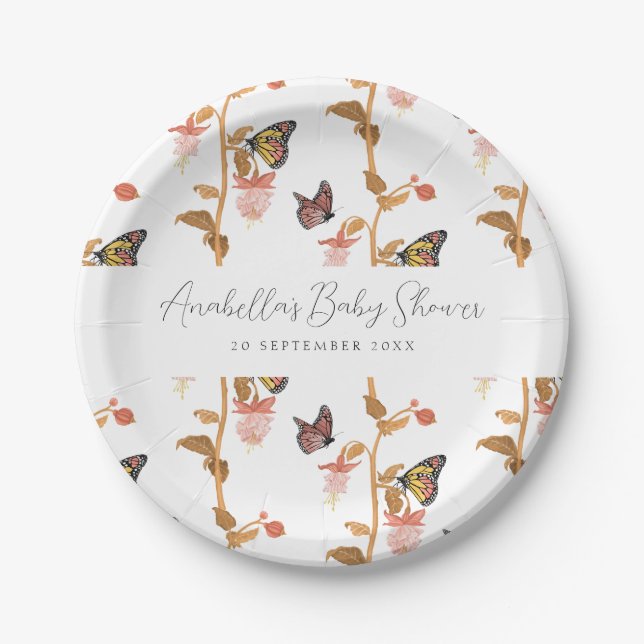 Modern Pink Boho Butterfly Girl Baby Shower Paper Plates (Front)