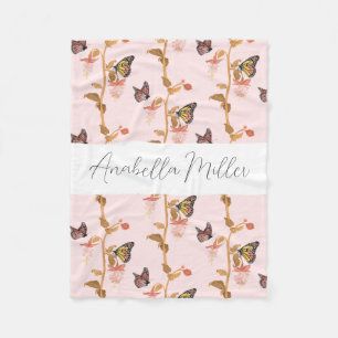 Modern Pink Boho Butterfly Pattern Kids Name Fleece Blanket