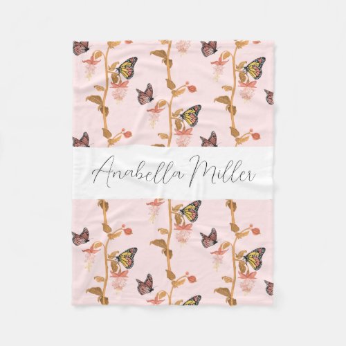 Modern Pink Boho Butterfly Pattern Kids Name  Fleece Blanket