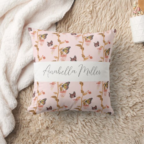 Modern Pink Boho Butterfly Pattern Kids Name  Throw Pillow