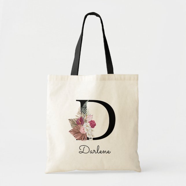 Modern Pink Boho Floral Initial D Tote Bag (Front)