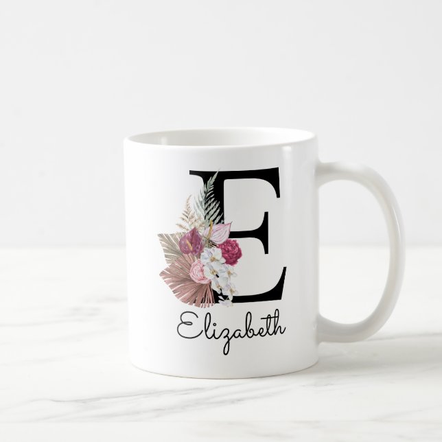 Modern Pink Boho Floral Initial E Coffee Mug (Right)
