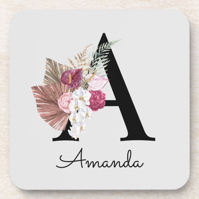 Modern Pink Boho Girly Floral Initial A Beverage Coaster (Front)