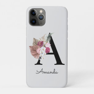 Modern Pink Boho Girly Floral Initial A iPhone 11 Pro Case