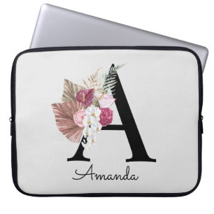 Modern Pink Boho Girly Floral Initial A Laptop Sle Sleeve