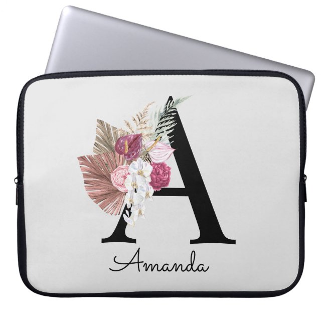 Modern Pink Boho Girly Floral Initial A Laptop Sle Sleeve (Front)