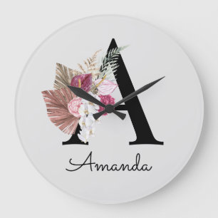 Modern Pink Boho Girly Floral Initial A Large Clock