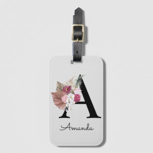 Modern Pink Boho Girly Floral Initial A Luggage Tag
