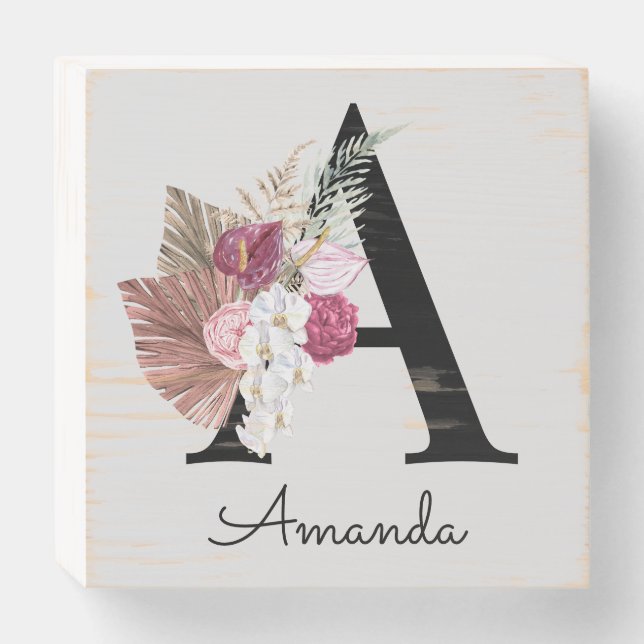 Modern Pink Boho Girly Floral Initial A Wooden Box Sign (Front Horizontal)