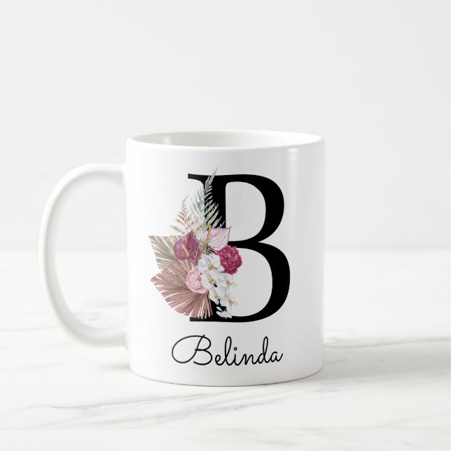 Modern Pink Boho Girly Floral Initial B Coffee Mug (Left)