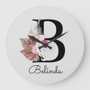 Modern Pink Boho Girly Floral Initial B Large Clock