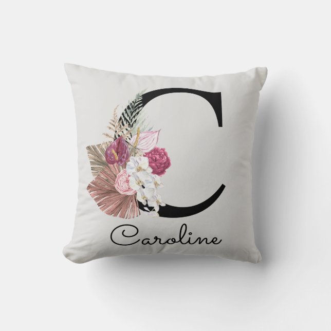 Modern Pink Boho Girly Floral Initial C Throw Pillow (Front)
