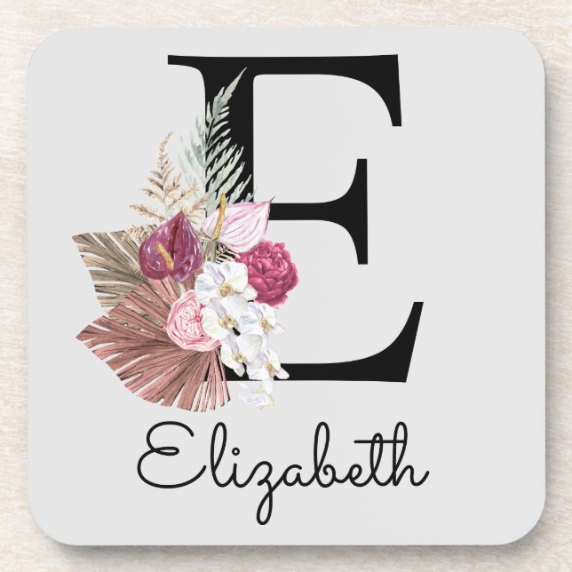 Modern Pink Boho Girly Floral Initial E Beverage Coaster (Front)