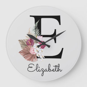 Modern Pink Boho Girly Floral Initial E Large Clock