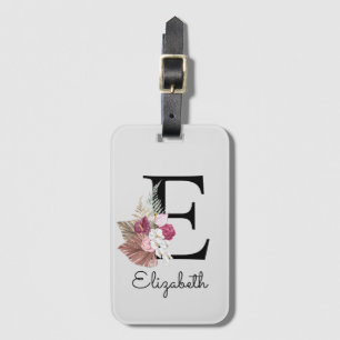 Modern Pink Boho Girly Floral Initial E Luggage Tag