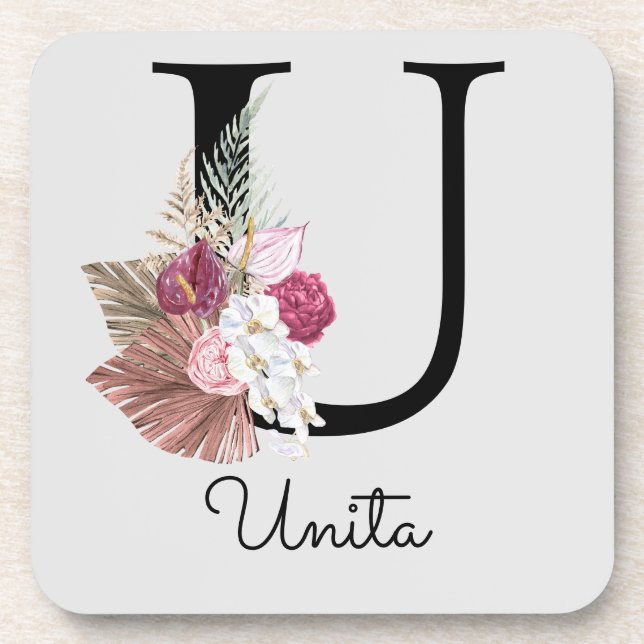 Modern Pink Boho Girly Floral Initial U Beverage Coaster (Front)