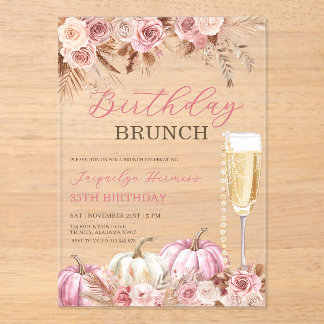 Modern Pink Boho Pumpkin Autumn Birthday Brunch  Acrylic Invitations