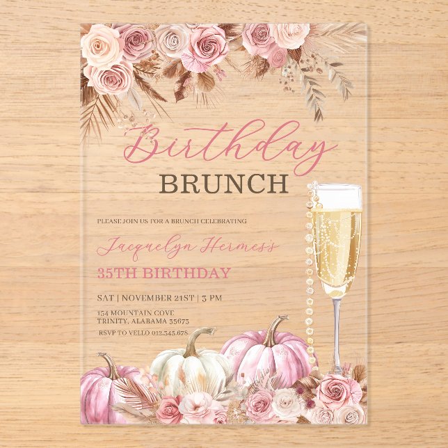 Modern Pink Boho Pumpkin Autumn Birthday Brunch  Acrylic Invitations (Front)