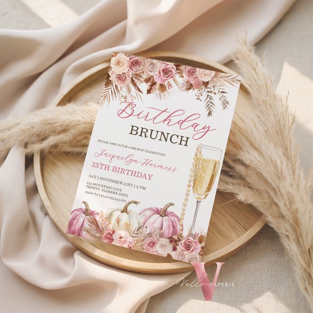 Modern Pink Boho Pumpkin Autumn Birthday Brunch  Invitation (Creator Uploaded)