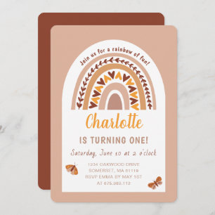 Modern Pink Boho Rainbow 1st Birthday Invitation