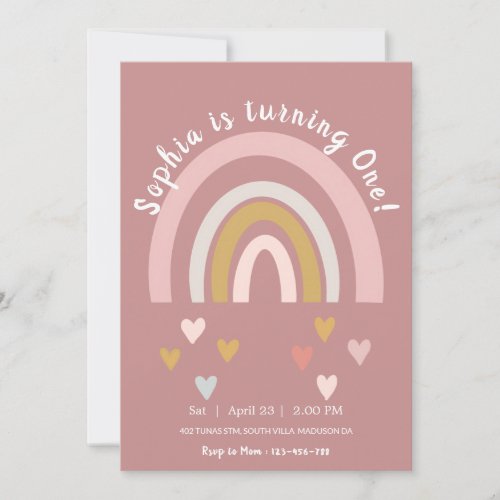 Modern Pink Boho Rainbow Hearts Birthday  Invitation