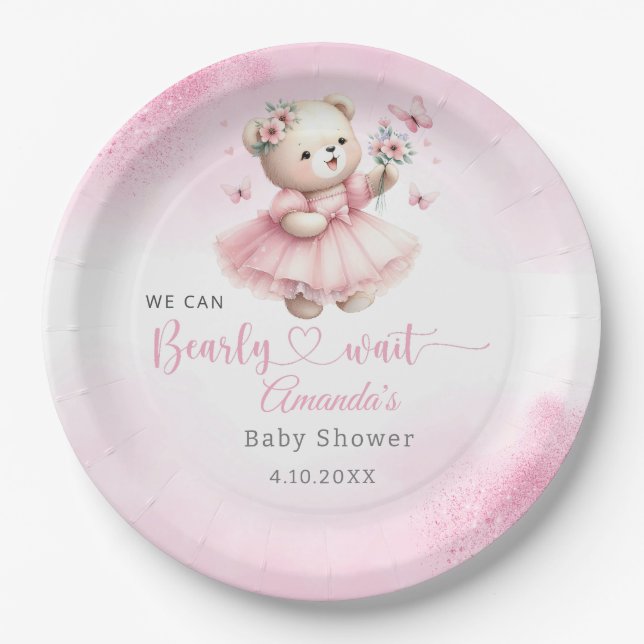 Modern pink Boho Teddy Bear girl baby shower  Paper Plates (Front)