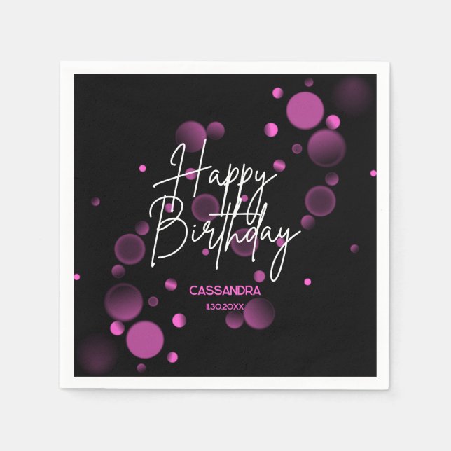 Modern Pink Bokeh Gradient Black Happy Birthday Napkins (Front)