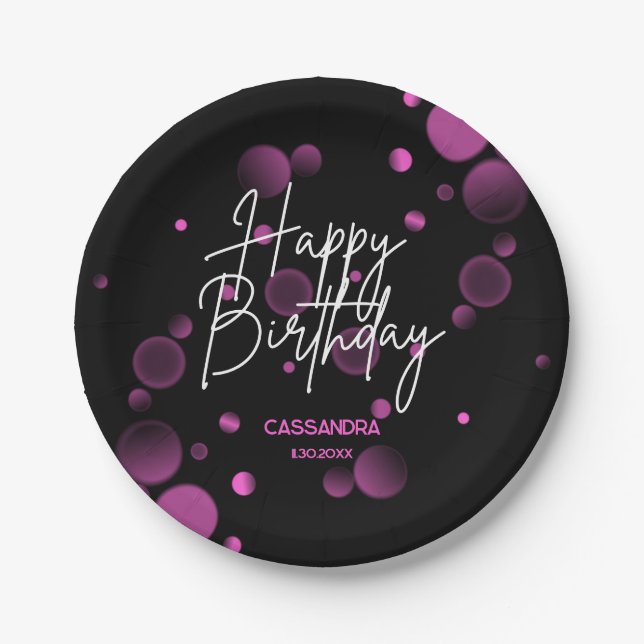 Modern Pink Bokeh Gradient Black Happy Birthday Paper Plates (Front)