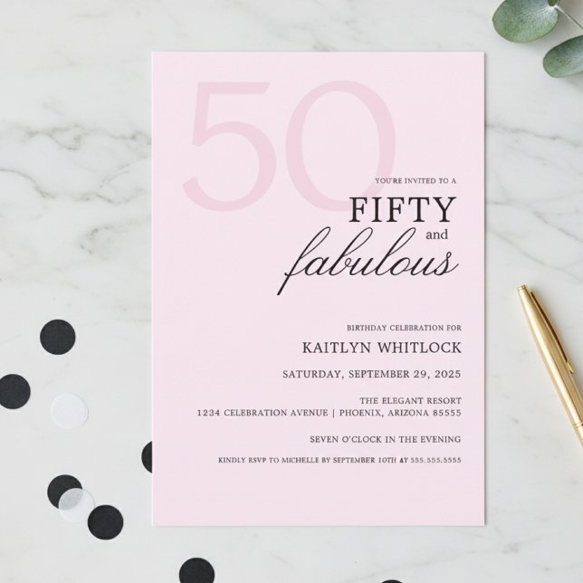 Modern Pink Bold 50 and Fabulous Birthday Party Invitation (modern elegant typography pink fifty and fabulous 50th birthday party invitation simple bold script)