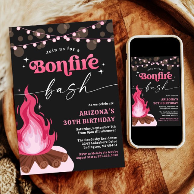 Modern Pink Bonfire Invitation - Bonfire Bash (Pink Birthday Bonfire Invitation)