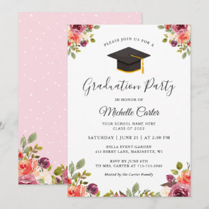 Modern Pink Botanical Floral Girl Graduation Party Invitation