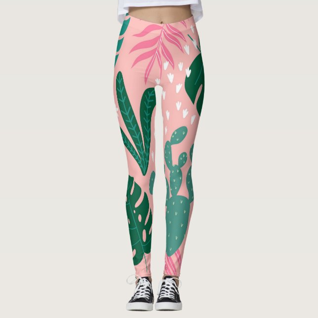 Modern pink botanical print active wear leggings (Front)