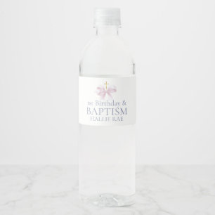 Modern Pink Bow 1st Birthday and Baptism  Water Bottle Label