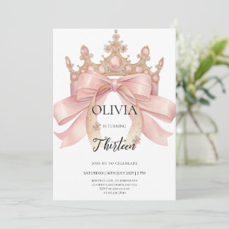 Modern pink bow and crown birthday party  invitation