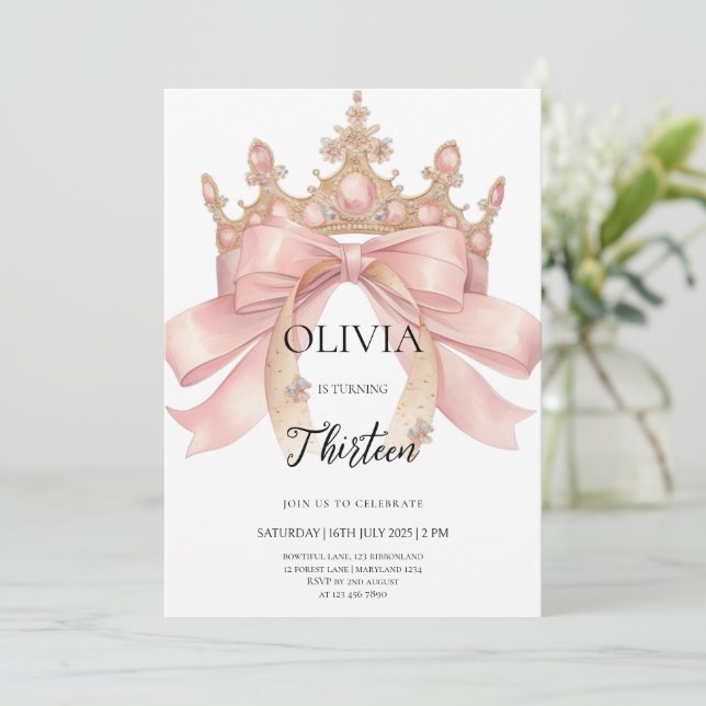 Modern pink bow and crown birthday party  invitation (Standing Front)