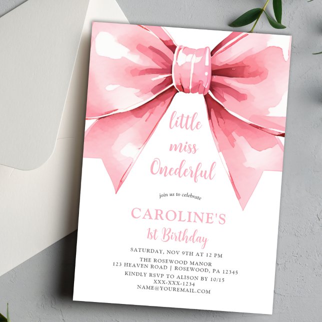 Modern Pink Bow Baby Girl First Birthday Invitation (Creator Uploaded)