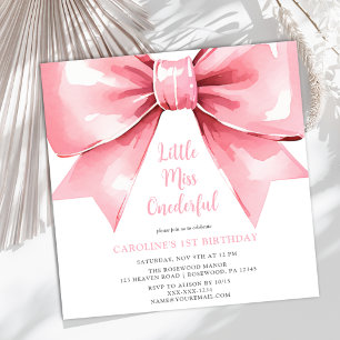 Modern Pink Bow Baby Girl First Birthday Invitation