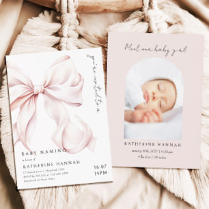 Modern Pink Bow Baby Naming Invitation