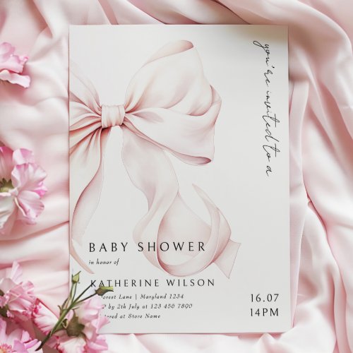 Modern Pink Bow Baby Shower Invitation