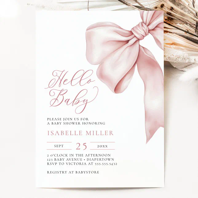 Modern Pink Bow Baby Shower Invitation | Zazzle