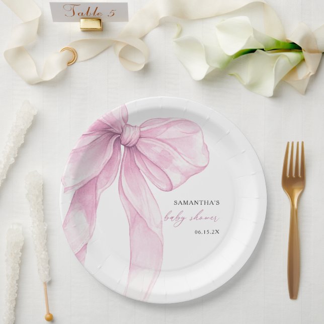 Modern Pink Bow Baby Shower  Paper Plates (Wedding)