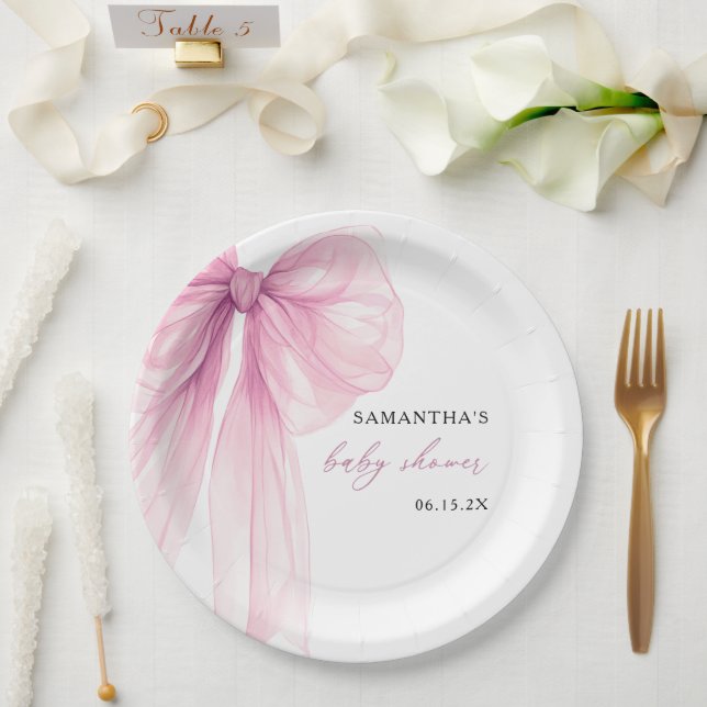 Modern Pink Bow Baby Shower  Paper Plates (Wedding)