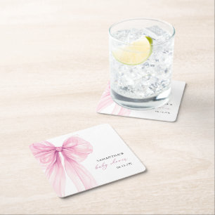Modern Pink Bow Baby Shower  Square Paper Coaster