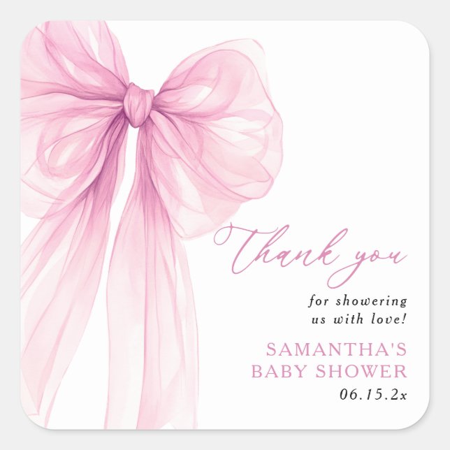 Modern Pink Bow Baby Shower Thank You Square Sticker (Front)