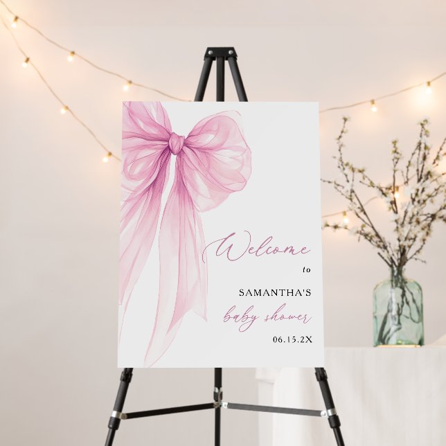 Modern Pink Bow Baby Shower Welcome Sign (In Situ (Stand))