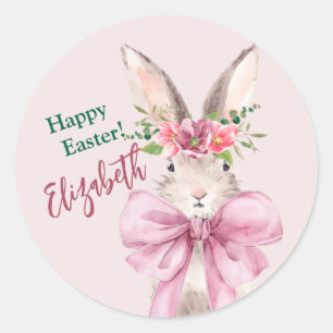 Modern Pink bow bunny Happy easter rabbit Classic Round Sticker