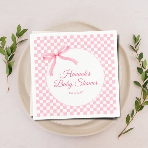 Modern Pink Bow Checkered Baby Shower Napkins