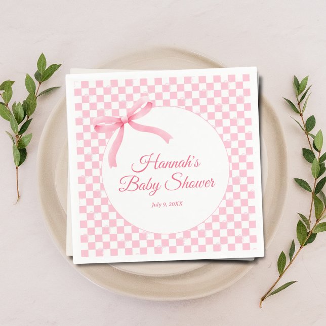 Modern Pink Bow Checkered Baby Shower Napkins (Modern Coquette Gingham Checkered Baby Shower Napkins)
